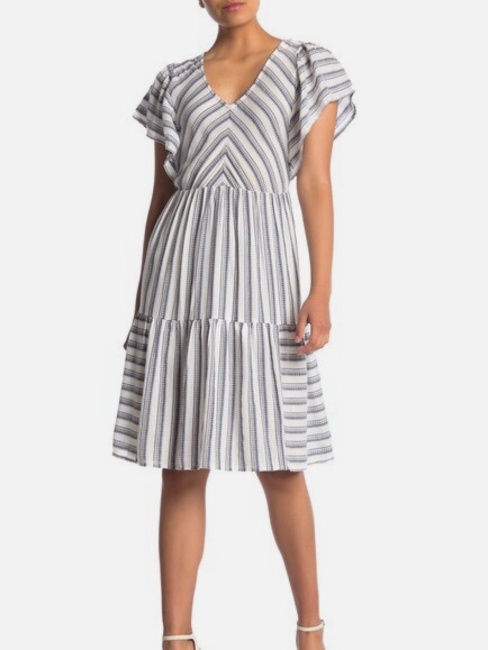 Caslon White, Red and Navy Striped V-Neck Flutter Sleeve Midi Dress Size XS